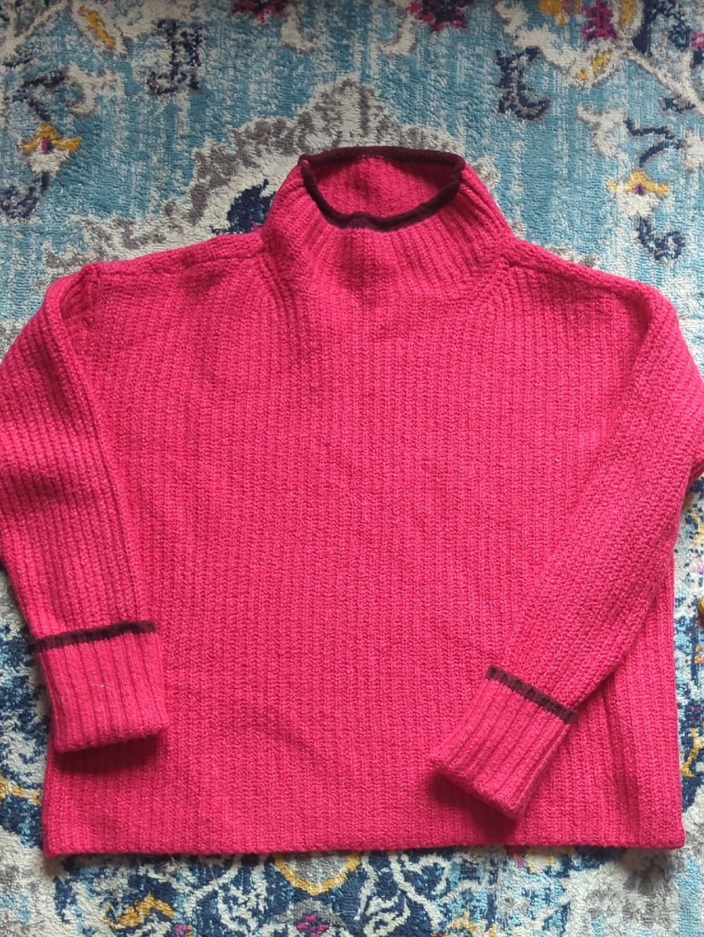 Maeve by ANTHROPOLOGIE Bright Pink Mock Neck Sweater with Dark Trim